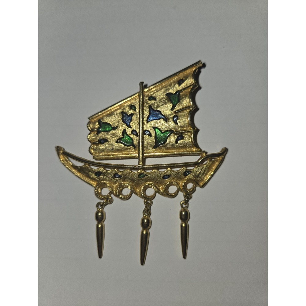 Vint 60s LISA Signed GoldTone Enamel Junk Boat Sailboat Brooch/Pendant Dangles